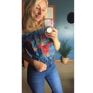 Embroidered denim off the shoulder crop top